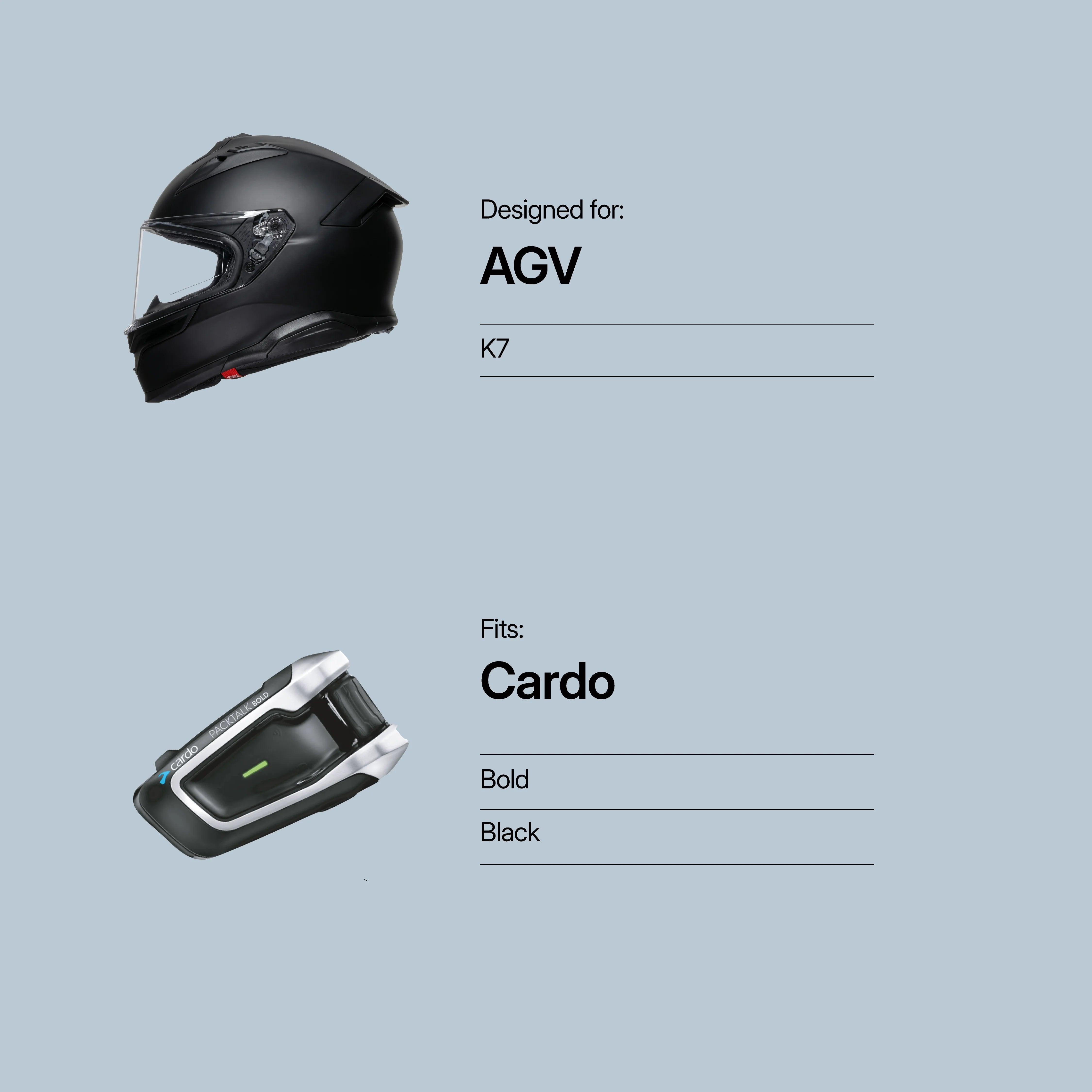 AGV (K7, Tourmodular) to Cardo (Black/Bold)